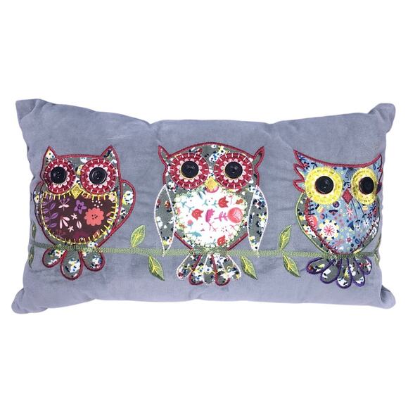 Triple Owl Embroidered Button Eyes Multicolored Soft Gray Accent Throw Pillow - Picture 1 of 8